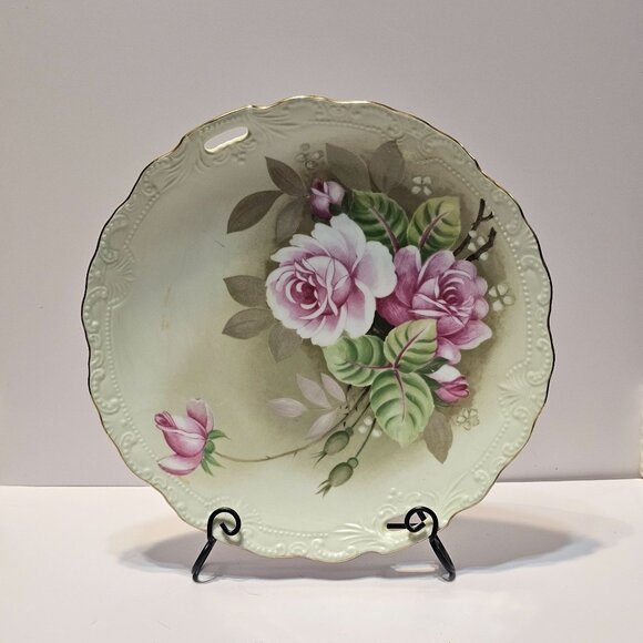 Vintage Lefton Green Heritage Hand Painted Handled Plate #05858 From 1987 Japan - Picture 1 of 7